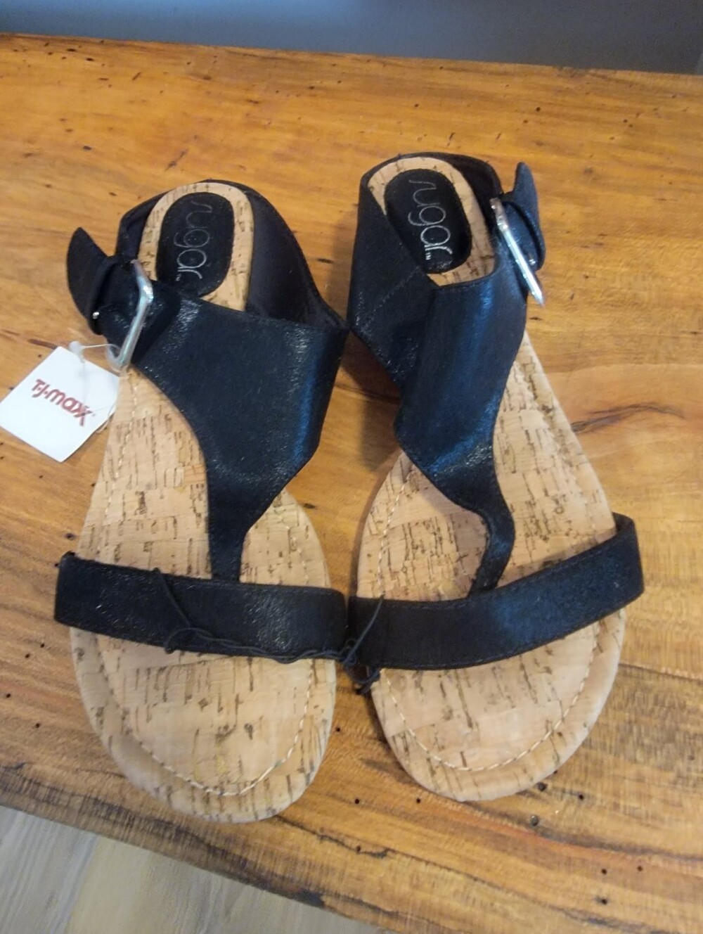 Sugar "Sheryl" Size 9. Black Faux Leather T-Strap Slip-on Cork Wedge Sandals NWT